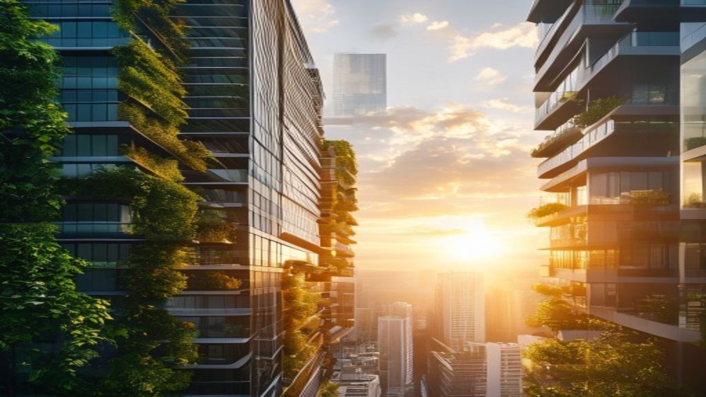 Elegant sunrise view of modern apartment buildings with landscaped balconies.