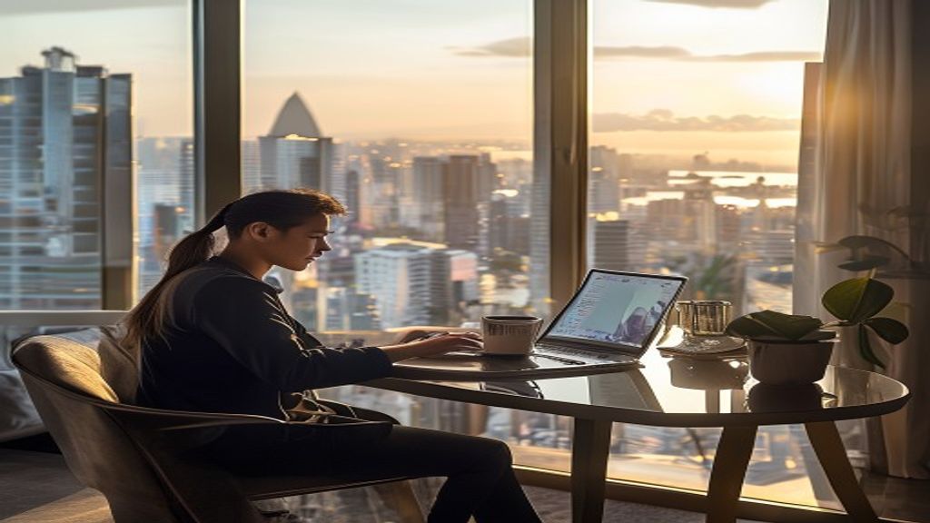 Modern high-rise apartments with glass balconies overlooking a city skyline at sunset