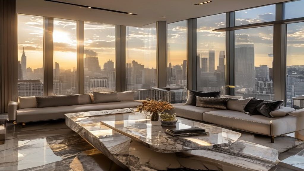 Elegant luxury-furnished living room with plush sofas, crystal chandeliers, and designer décor.