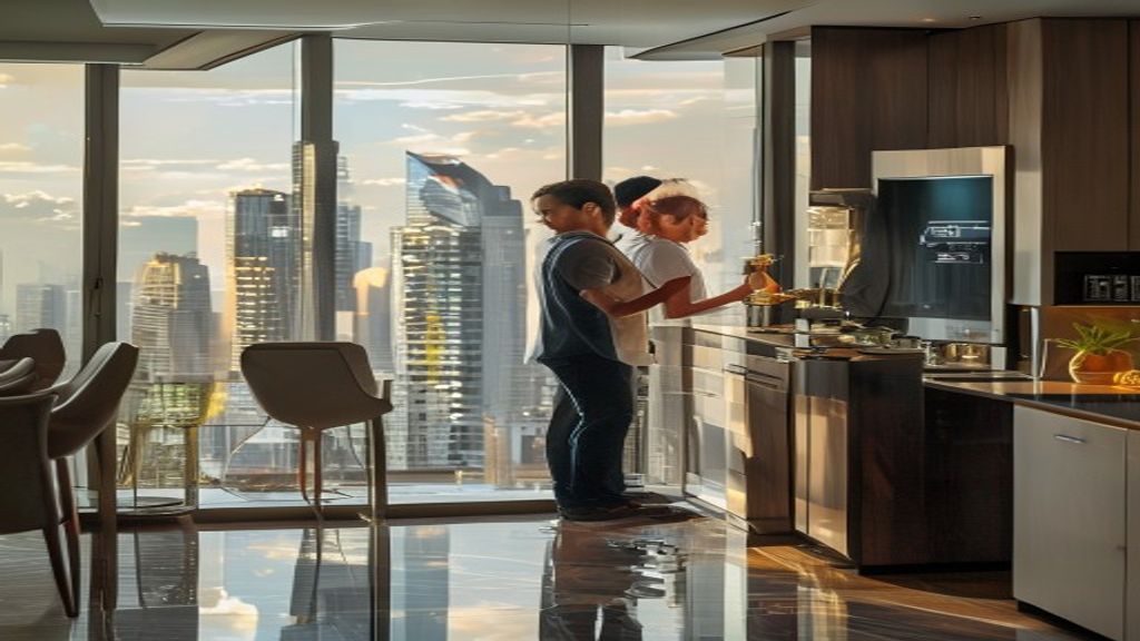 Modern new apartments with spacious living rooms, floor-to-ceiling windows, and a vibrant city skyline view