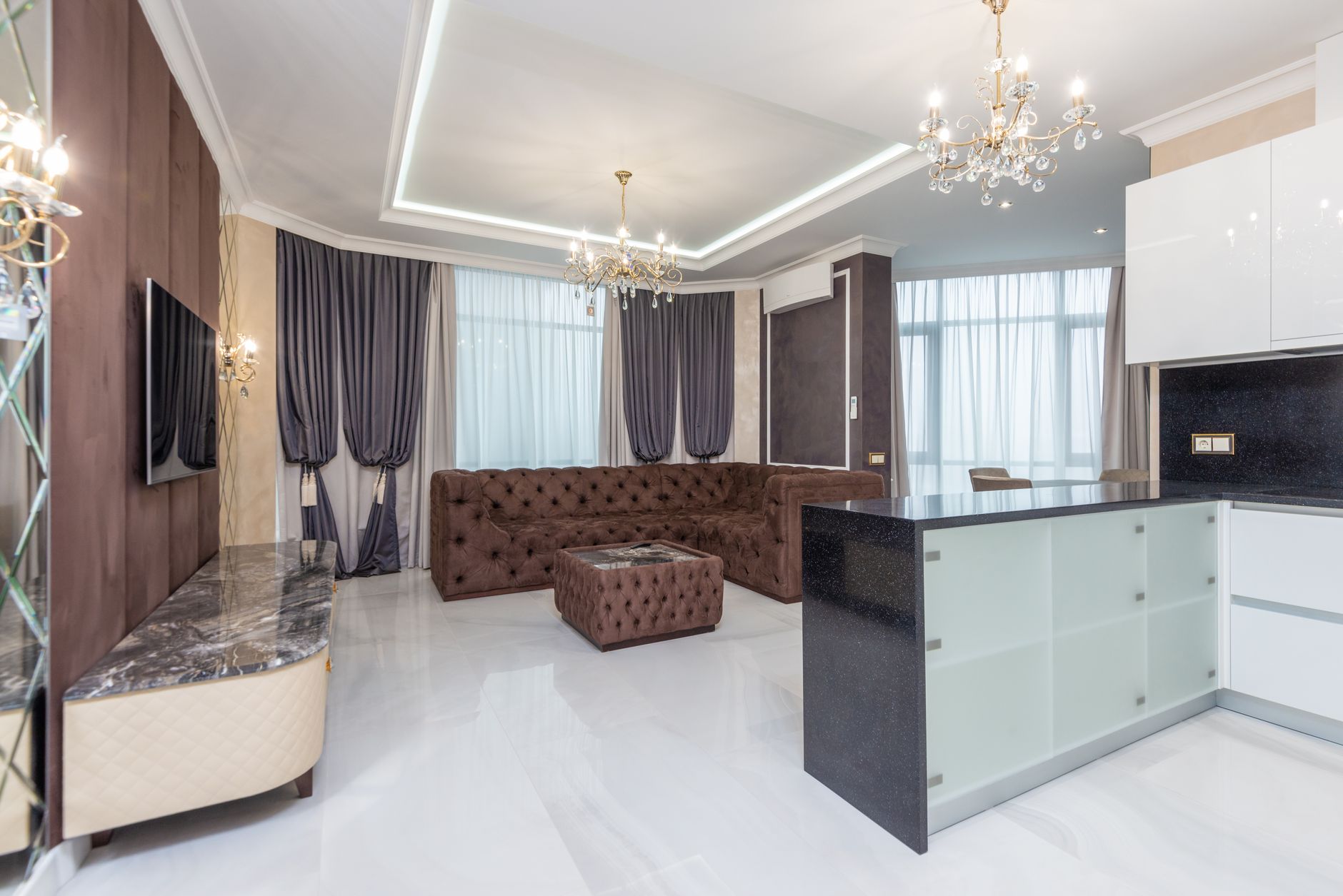 Elegant interior of a luxury living apartment featuring modern design, spacious layout, and premium amenities.