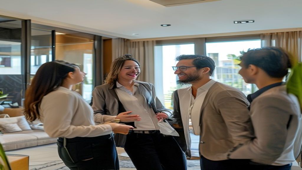 Professional staff at a modern rental agency helping clients find perfect homes.