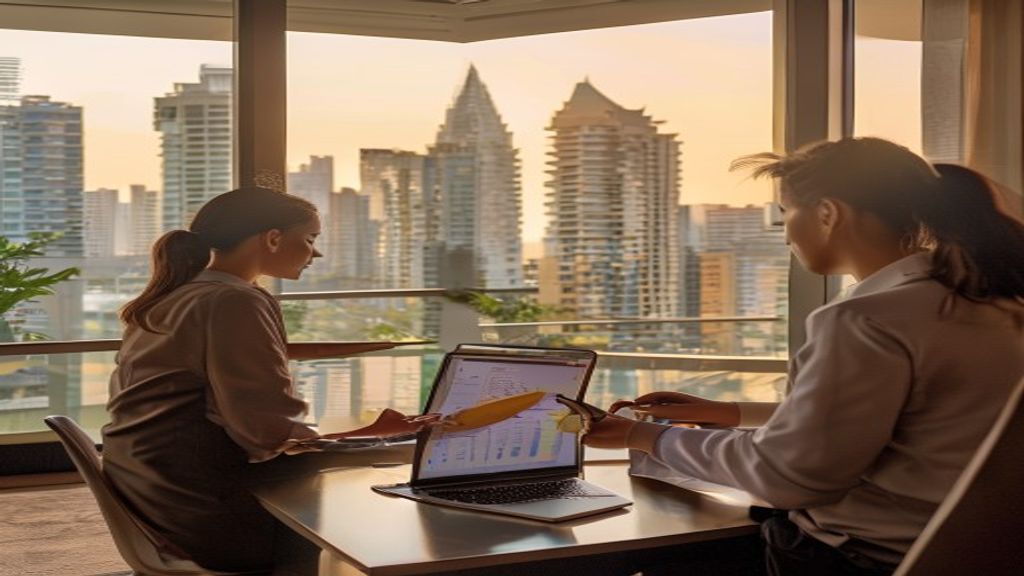 A modern short‑term rental company office with staff reviewing bookings on laptops and a map of vacation homes.