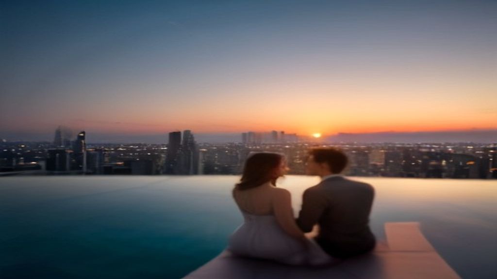 Modern apartment building featuring a sparkling outdoor pool and nearby city skyline, perfect for local renters.