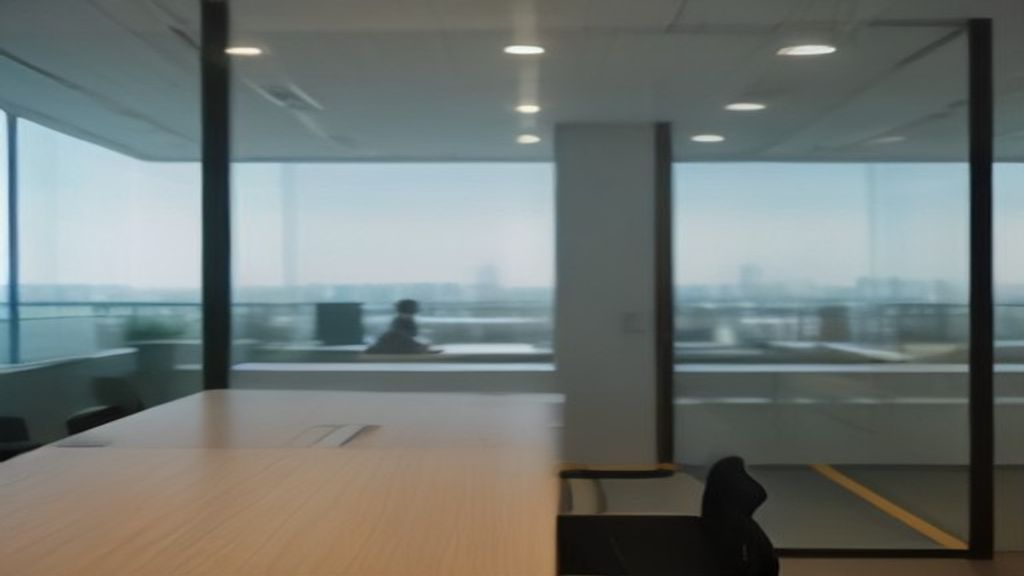 Bright small office space available for lease, featuring a desk, chair, and large window with city view